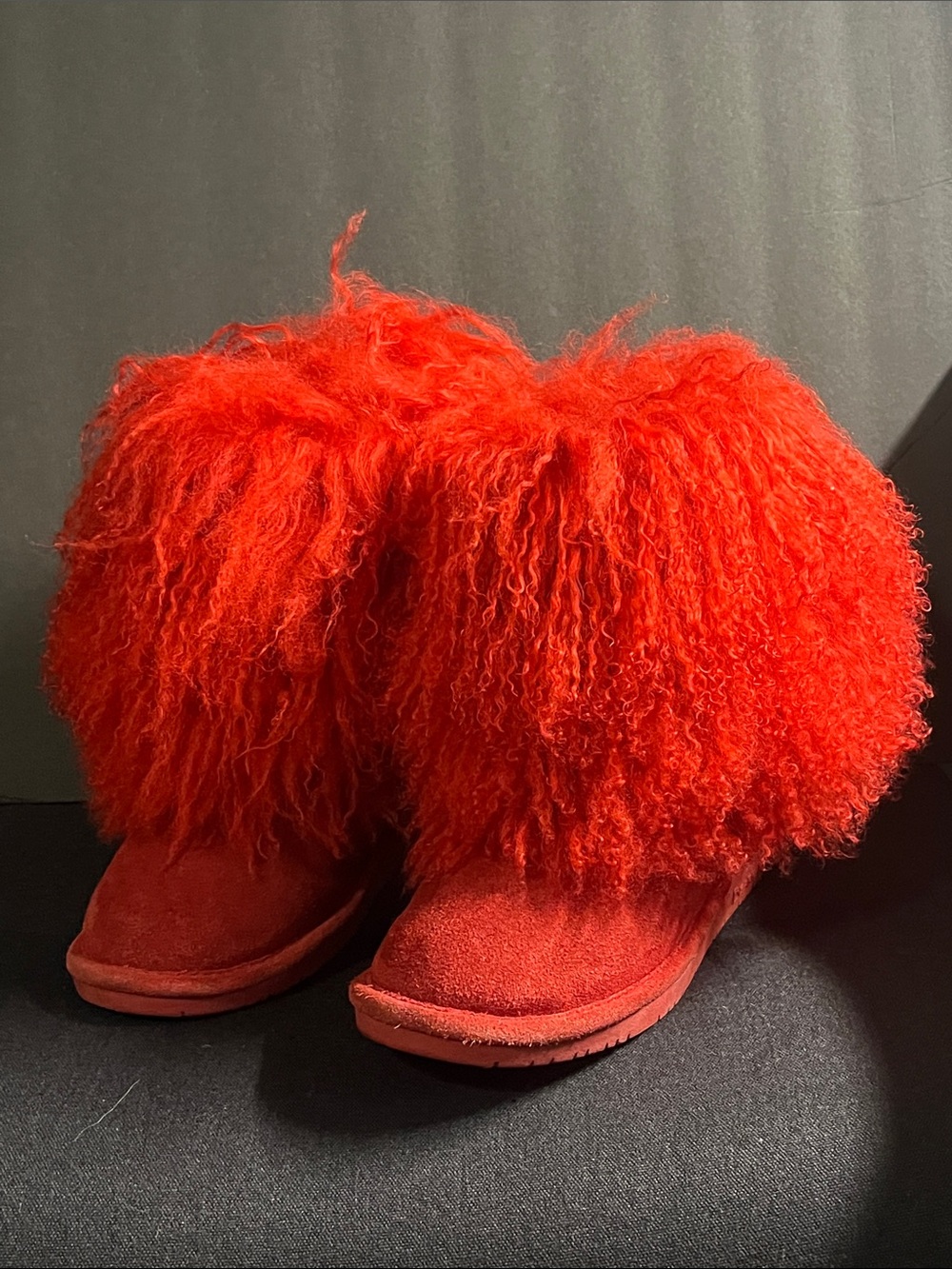BearPaw Women's Red Suede with Curly Lambs Fur Cuff Boots